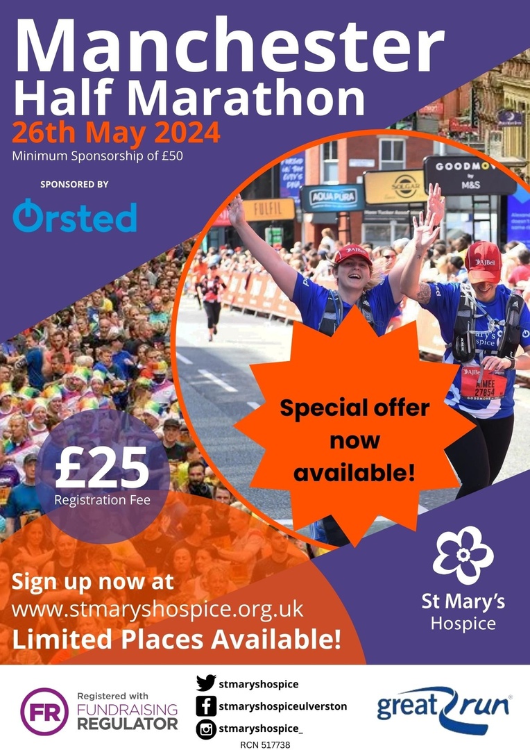 We have six places left to join our Manchester Half Marathon team. We already have so many amazing, kind-hearted people signed up to take part and would love to add this to our sold out events. For more details email melissa.dixon@stmaryshospice.org.uk