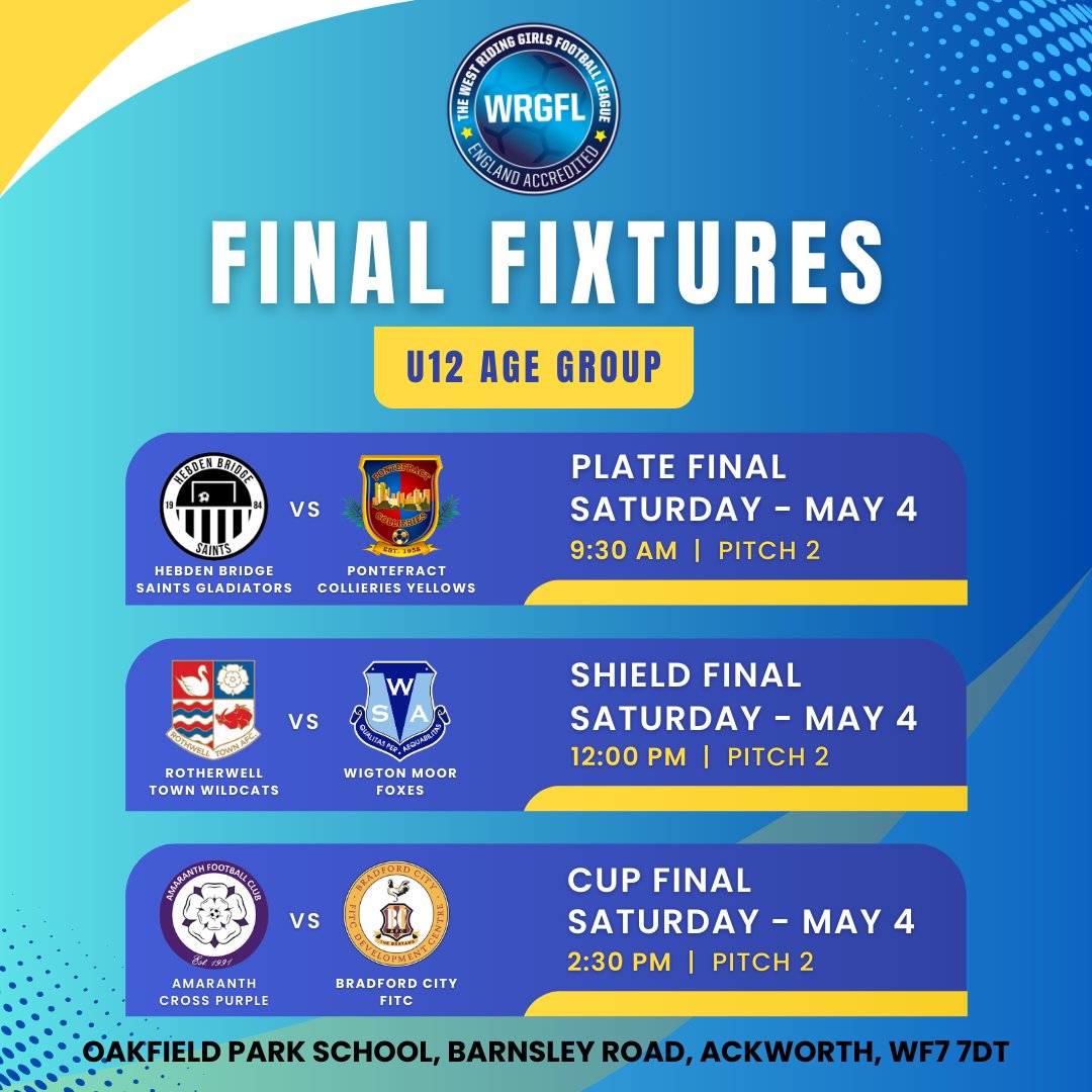 This weekend we've got some amazing finals games lined up. Our U9's, U10's, U11's & U12's will all be playing the plate, shield and cup finals. Best of luck to all the teams taking part 🍽️🛡️🏆 #wrgfl #HerGameToo #girlsfootball #gwlunited #thesegirlscan #westriding