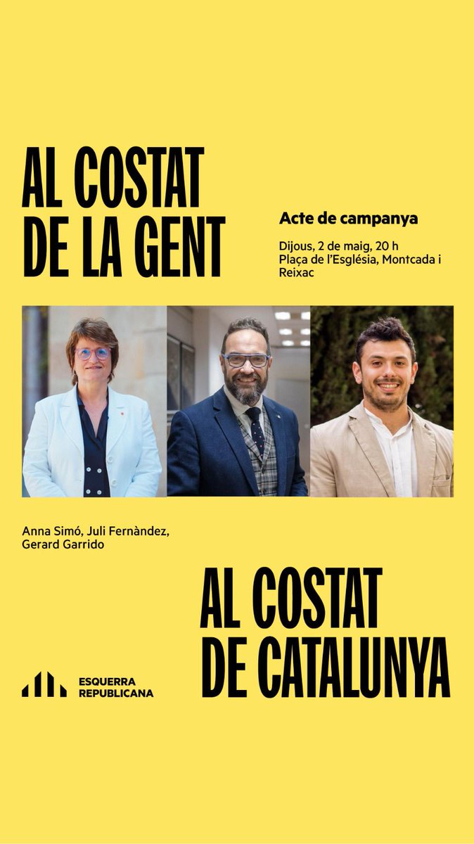 Ens veiem avui a l'acte de campanya de les eleccions al Parlament de #Catalunya a #MontcadaiReixac, amb @AnnaSimo @julifernandez i @GerardGarridoG

📆 Avui dijous, 2 de maig
⏰ 20h
📍 Plaça de l'església #MontcadaiReixac 

#AlCostatDeLaGent #AlCostatDeCatalunya