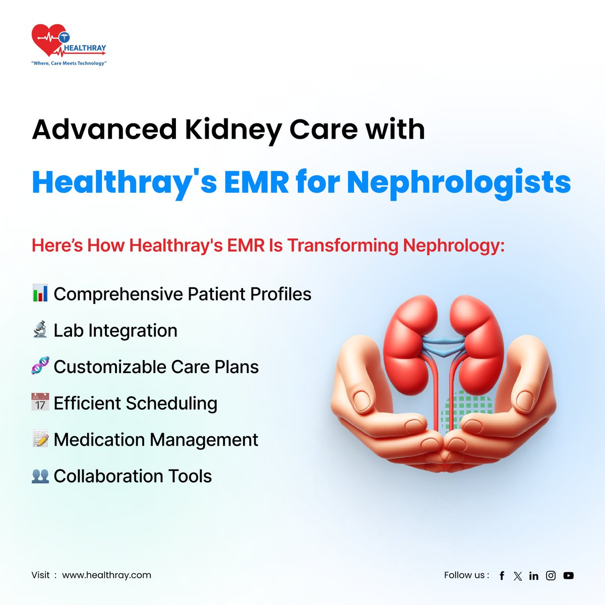 Nephrology requires meticulous attention to detail and precise management of chronic kidney diseases and related conditions. 
Learn more at healthray.com
#Nephrology #KidneyHealth #EMRSolutions #HealthcareTech #DigitalHealthcare