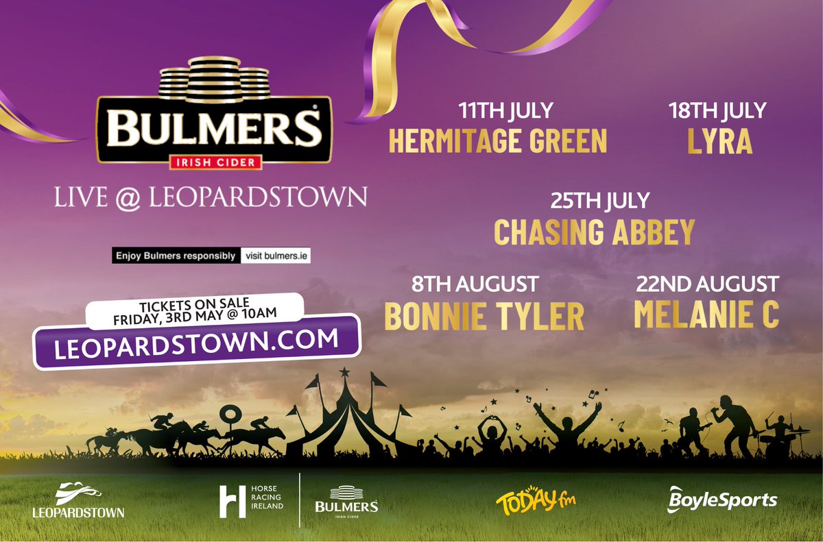 ✍️ MARK YOUR CALENDAR! Our stellar lineup for this year’s Bulmers Live @ Leopardstown has been revealed! 👀 🎤 Melanie C 🎤 Bonnie Tyler 🎤 Chasing Abbey 🎤 Lyra 🎤 Hermitage Green 🎟️On sale from 10am tomorrow!