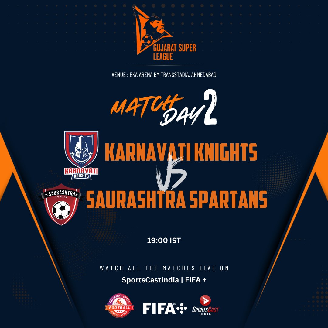 MATCHDAY 2️⃣ IS HERE! 🔥 The sole game tonight sees Karnavati Knights face Saurashtra Spartans in the third game of GSL! ⚔️⚽ Watch the live action on our youtube channel & on the FIFA+ App for our worldwide audience! ▶️ @GujaratFootball #gujaratsuperleague #IndianFootball