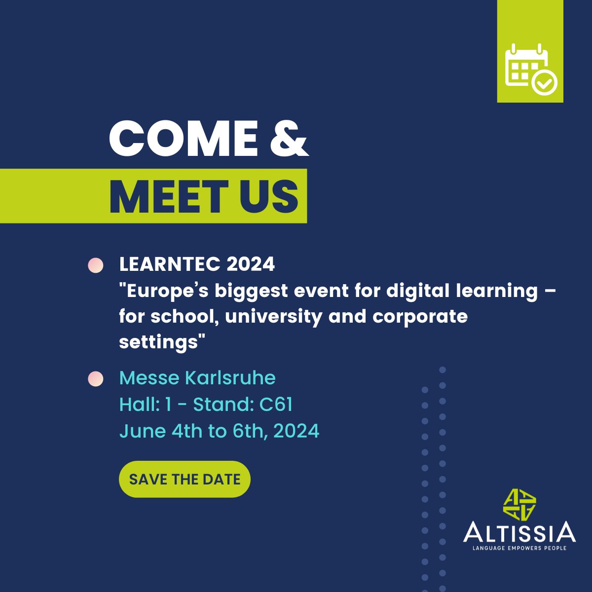 Altissia's tweet photo. 🎉 Exciting News! Altissia is thrilled to participate in LEARNTEC 2024 🌎

Don't miss this opportunity to connect with Marvin Schultz, Mélanie Lucas and Elise Renson to learn more about our commitment to fostering global communication and understanding.📚🌟

#LEARNTEC2024 https://t.co/Oe3K5sSDrx