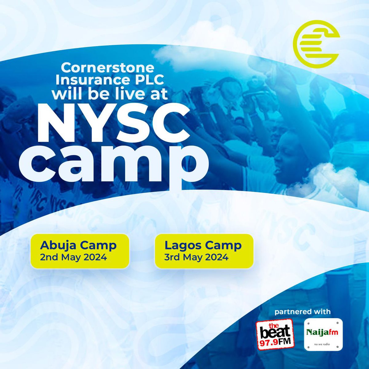 We will be live at NYSC Abuja camp on the 2nd of May 2024 and Lagos camp on the 3rd of May 2024.

#NYSC #CornerstoneInsurancePLc #TheFutureAssured