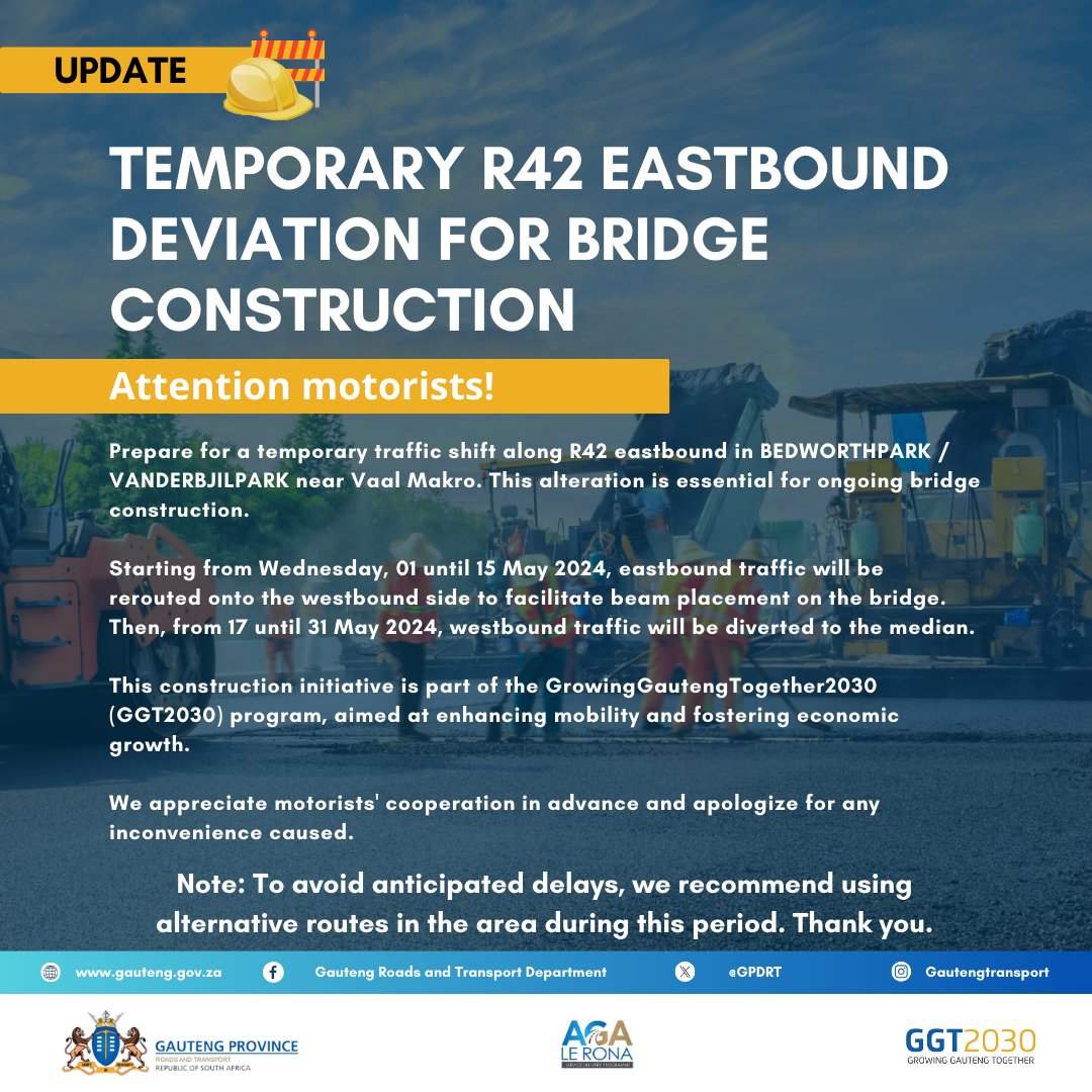 Attention motorists, please be advised to use alternative routes in the area during this period of rehabilitation. #AgaLeRona #GrowingGautengTogether