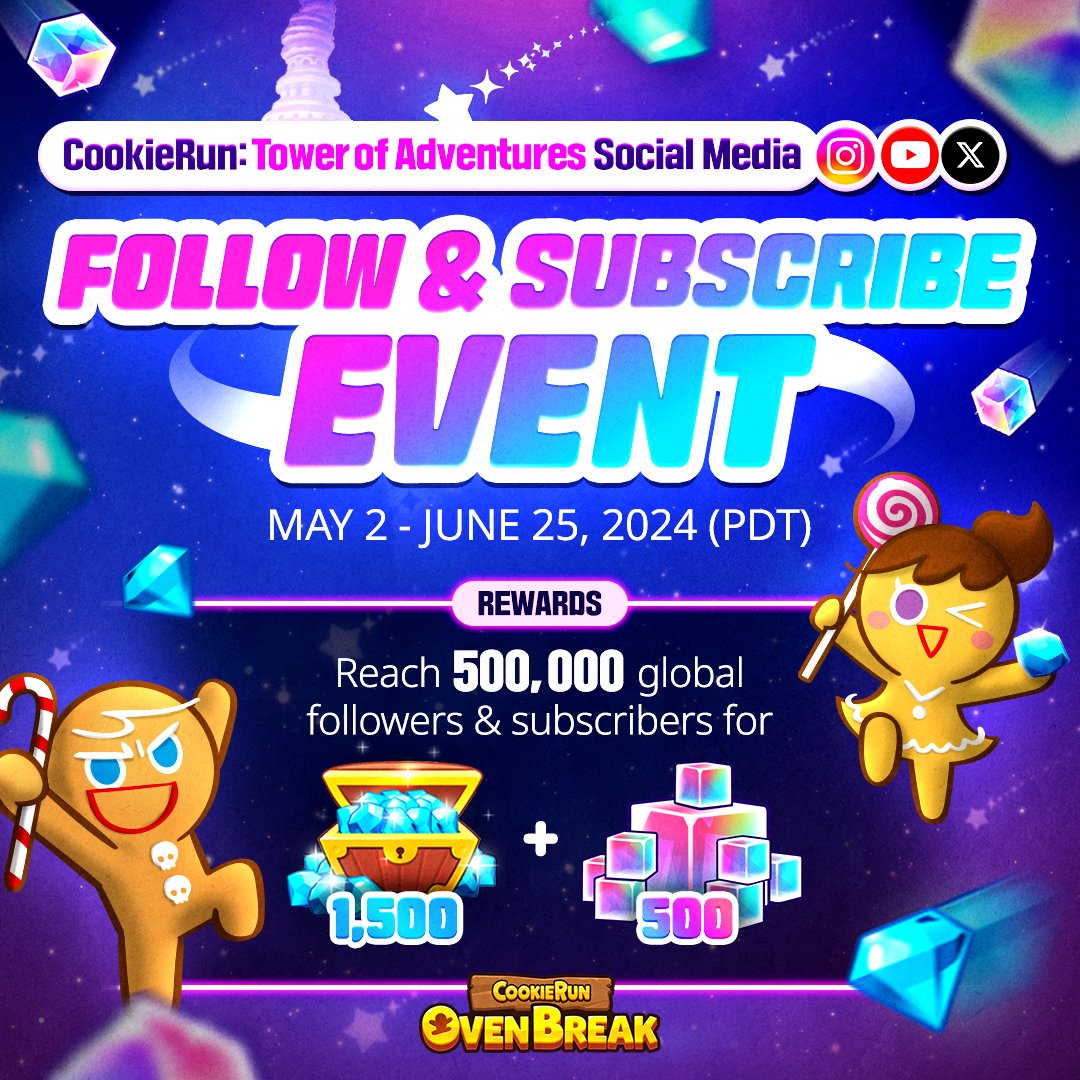 A new CookieRun game! ✨ CookieRun: Tower of Adventures! Subscribe or follow us on social media and receive Crystals x1,500 and Rainbow Cubes x500 to use in CookieRun: OvenBreak! 🌈💎 👉 Subscribe: ckie.run/ctoa_YTSub 👉 Follow us: @CookieRunTOA
