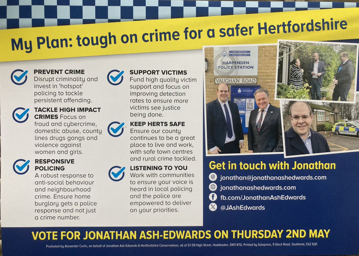 Today is Polling Day and the polling stations are open until 10pm. In East Herts we only have Police & Crime Commissioner elections. Please vote for our excellent Conservative candidate Jonathan Ash-Edwards. Don’t forget your photo ID. #keepinghertssafe @JAshEdwards @aja_curtis