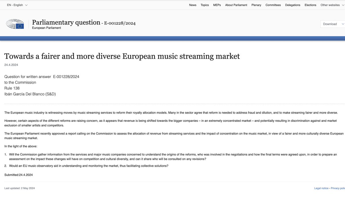 Interesting question by @Ibangarciadb to the @EU_Commission on music streaming services reforming their royalty allocation models, and the concerns they raise. Read more 👇&👉 tinyurl.com/4vzveky6