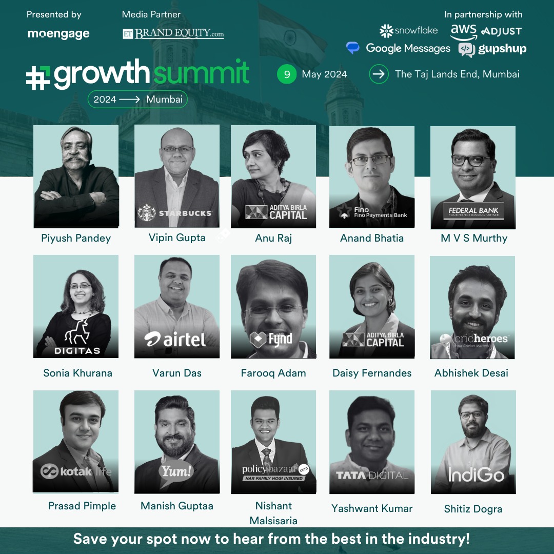 Gear up for the exclusive #GROWTHSummit2024 as we partner with @MoEngage. Top names shaping India's hottest consumer brands take center stage on 9th May in Mumbai. Register Now: bit.ly/3UkpHfN #BrandConnectInitiative