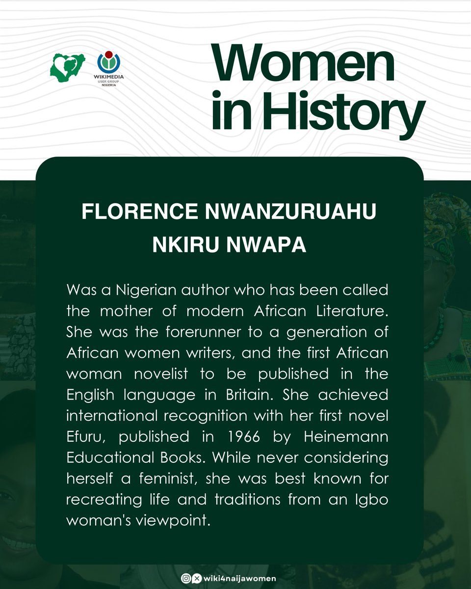 Spotlighting Women in History!
Flora Nwapa was the first African woman to publish a novel in English in Britain.
Read more about her @ en.wikipedia.org/wiki/Flora_Nwa…
#womeninhistory #wugn #wiki4naijawomen #history #didyouknow