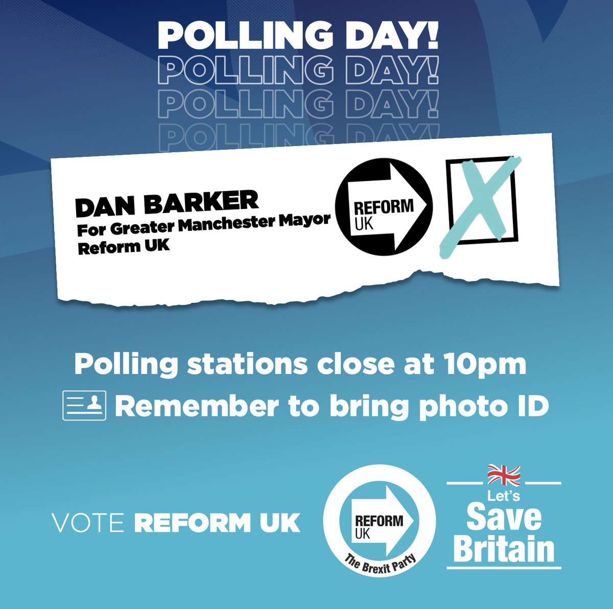 🗳️ELECTION DAY: Vote Dan Barker for Mayor of Greater Manchester. 🕖Polling stations are open until 10pm. Together, let’s end Andy Burnham’s 7 years of failure.