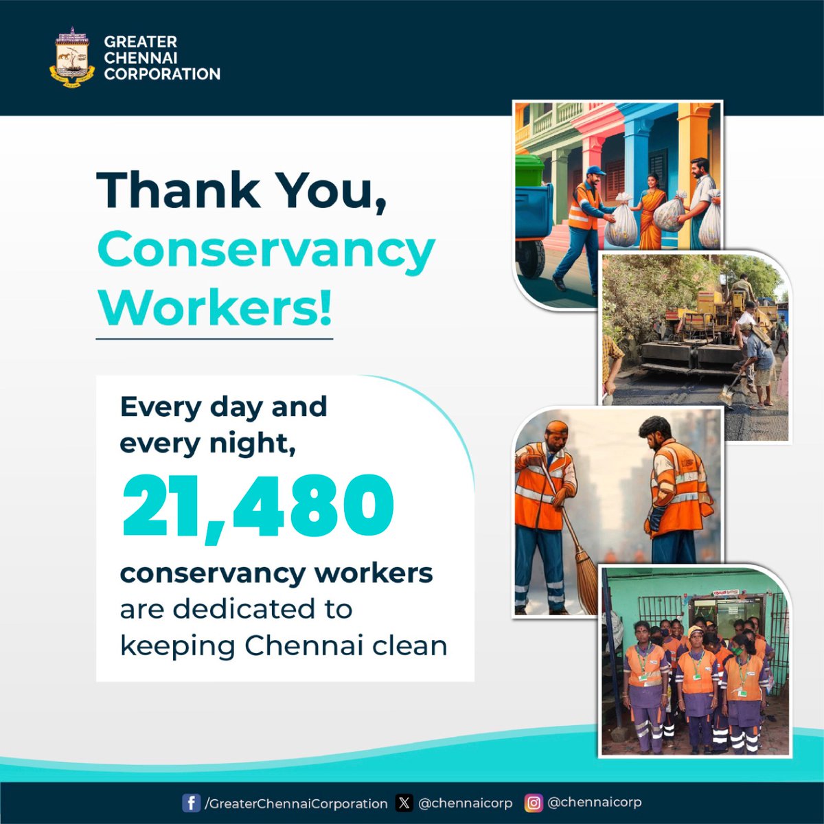 Thank You, Conservancy Workers! 
Every day and night 21,480 hardworking individuals keep Chennai clean. Let's support them by disposing of garbage the right way! 
 
#ChennaiCorporation
#HeretoServe