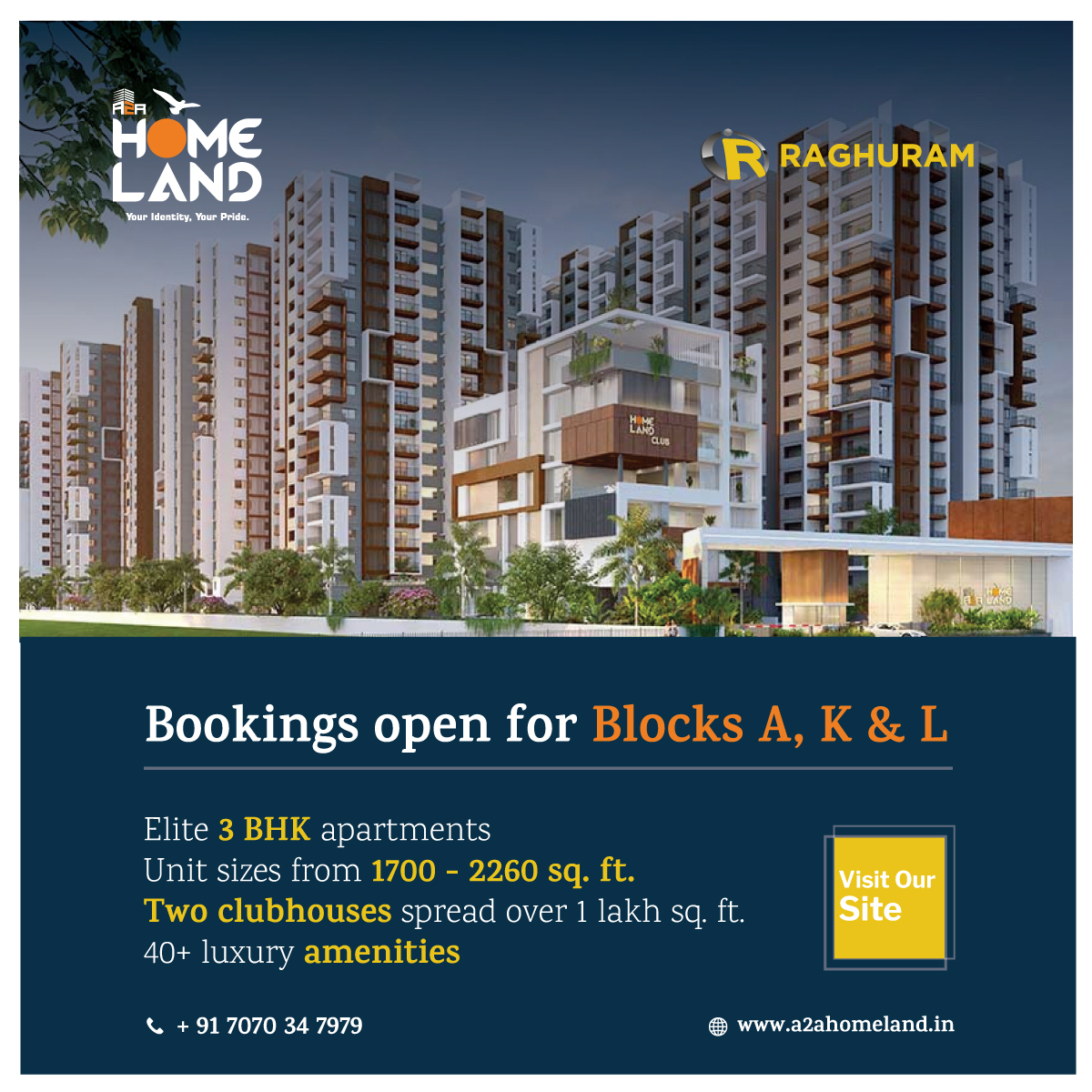 Experience luxury living @A2aHomeland
#Elite3BHKFlats. Our spacious units range from 1700 - 2260 sq. ft. We offer two clubhouses and over 40 luxury amenities. #Bookingsopen for Blocks A, K, and L. Schedule your visit today!
 #Visitnow @RaghuramGroup #Balanagar #Kukataplly