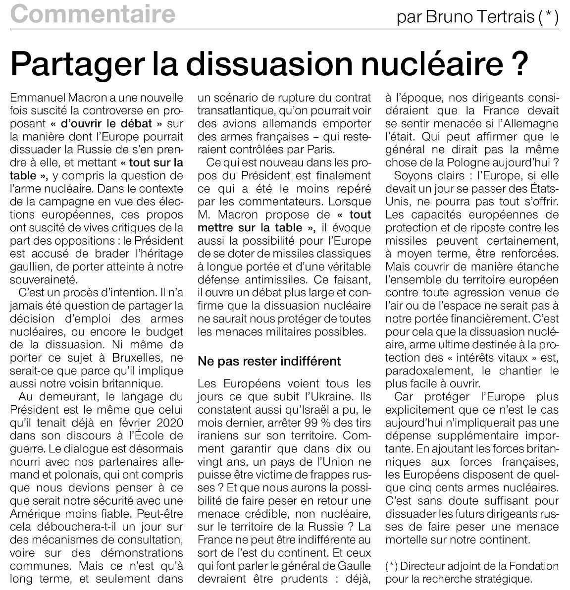 Excellent « commentaire » de @BrunoTertrais sur la dissuasion nucléaire française dans @OuestFrance aujourd’hui. 
Dommage que notre Président ne se soit pas exprimé avec la même clarté et qu’il faille, une fois de plus, faire une exégèse pour le comprendre.