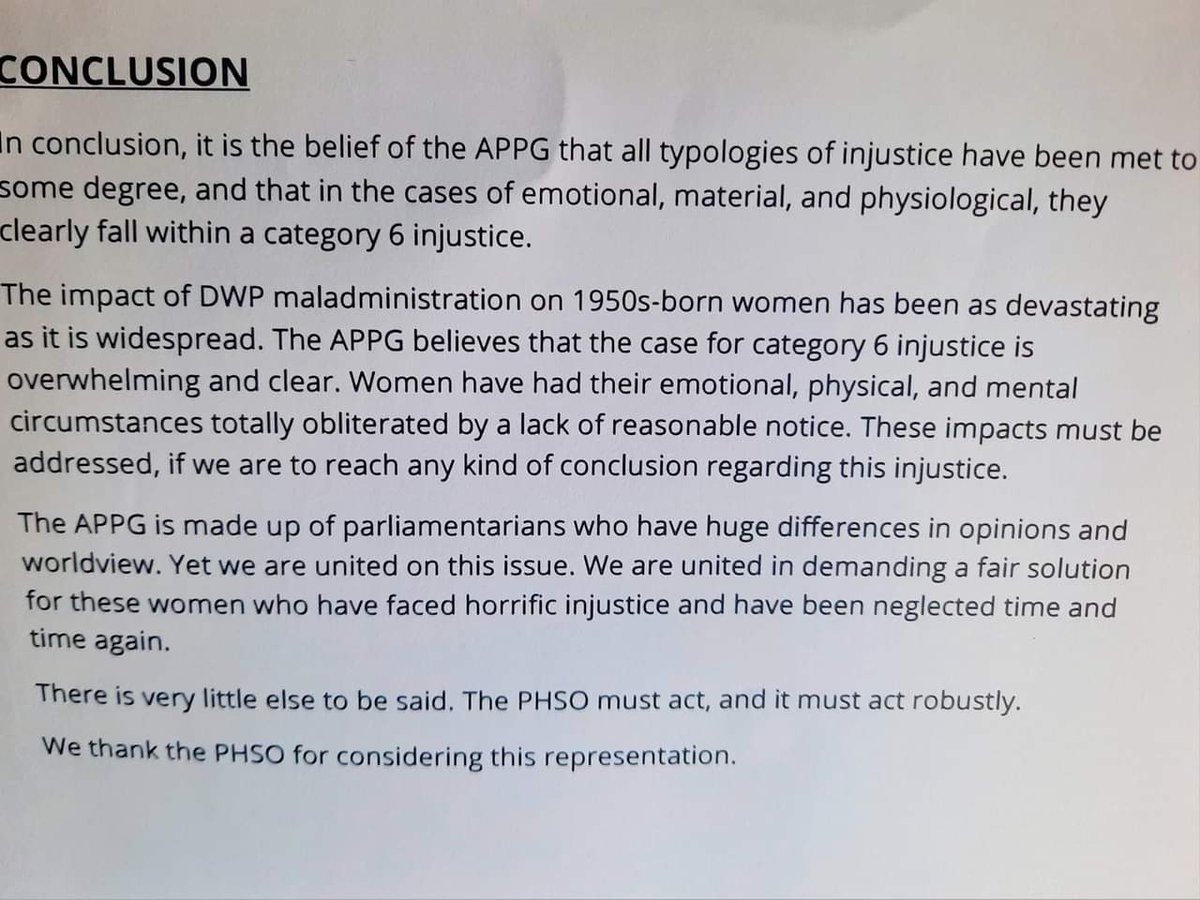 #APPG conclude that @WASPI_2018 @WASPI_Campaign #WASPIwomen 'clearly fall within a category 6 Injustice' Anything less is insulting after our 40+ years of working to get our #statepensions , supposedly at 60, but with no notification that it had changed to 60 years plus!