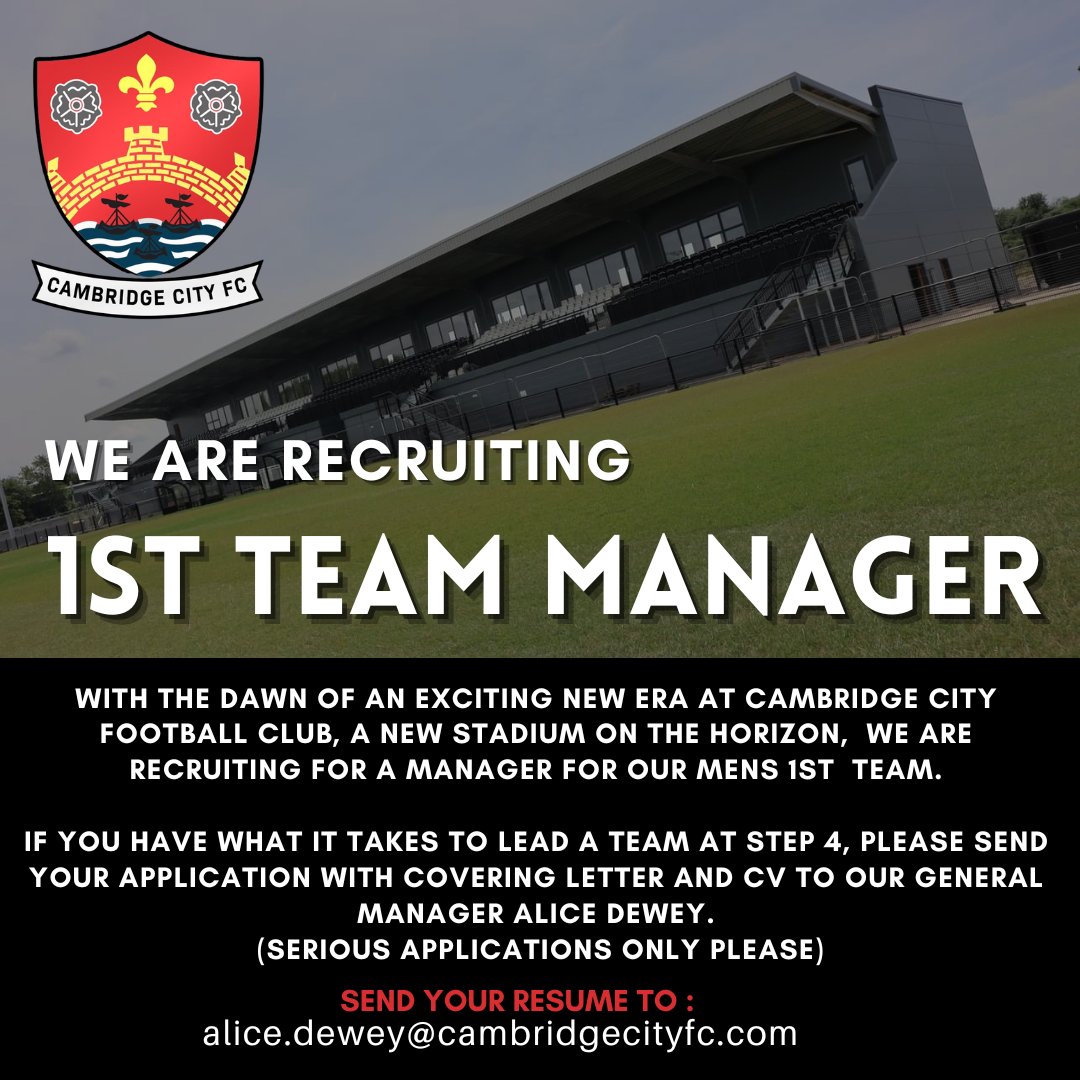 Cambridge City Football Club are recruiting for a new mens 1st team manager. If you have experience and have the credentials to lead a step 4 football club, please get in touch asap with Alice Dewey, General Manager. alice.dewey@cambridgecityfc.com