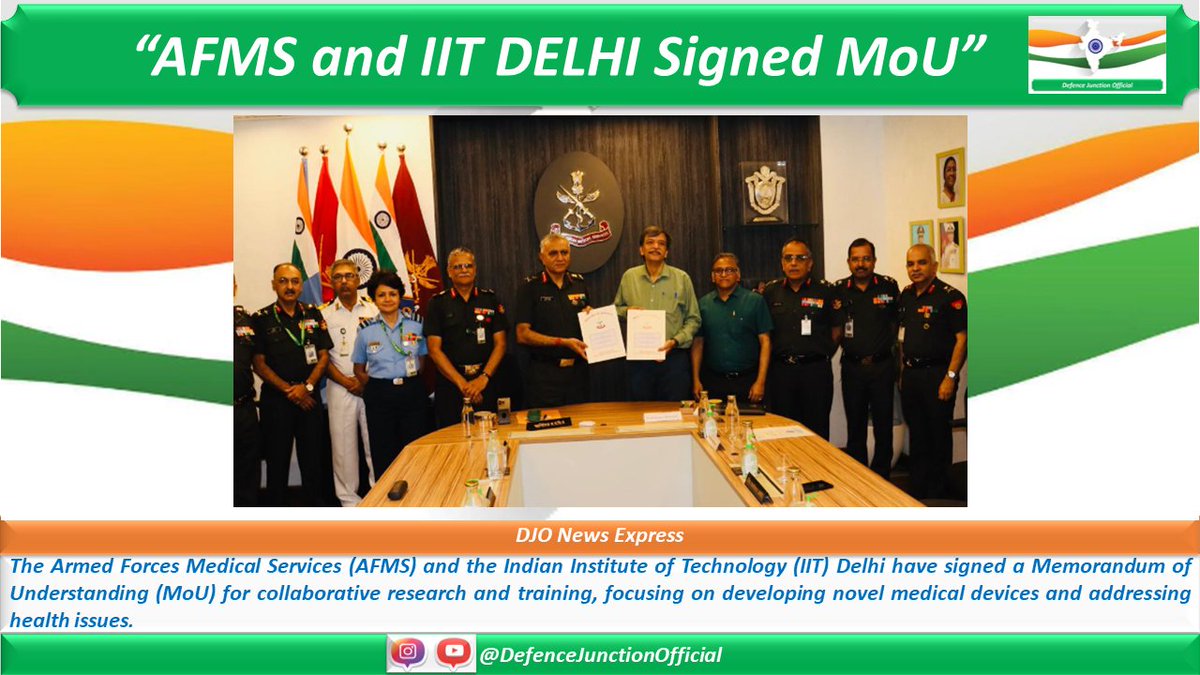 “AFMS and IIT DELHI Signed MoU”

The AFMS and the IIT Delhi have signed a Memorandum of Understanding (MoU) for collaborative research and training, focusing on developing novel medical devices and addressing health issues.