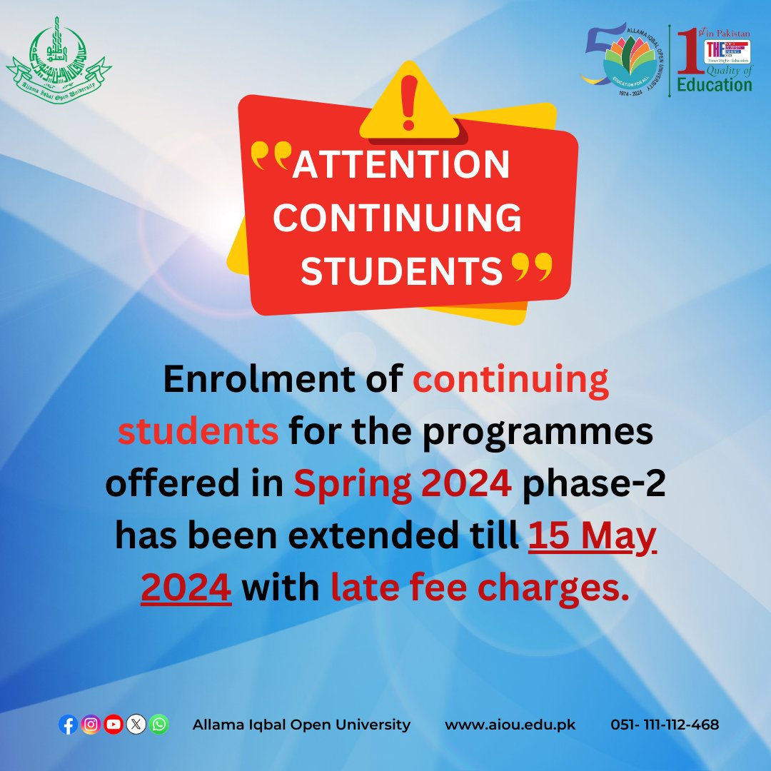 &gt;&gt;&gt; 𝐀𝐓𝐓𝐄𝐍𝐓𝐈𝐎𝐍 𝐂𝐎𝐍𝐓𝐈𝐍𝐔𝐈𝐍𝐆 𝐒𝐓𝐔𝐃𝐄𝐍𝐓𝐒.!!!
𝑷𝒓𝒐𝒔𝒑𝒆𝒄𝒕𝒖𝒔 𝒇𝒐𝒓 𝑰𝒏𝒇𝒐𝒓𝒎𝒂𝒕𝒊𝒐𝒏:
aiou.edu.pk/prospectus
𝑪𝑴𝑺 𝑳𝒊𝒏𝒌:
enrollment.aiou.edu.pk
#aiou #admissions2024 #spring24