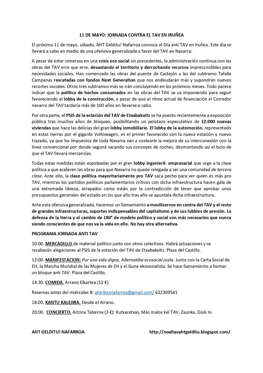 M-11: AHT EZ EGUNA IRUÑEAN! Gogoratu asteazkena dela bazkaria erreserbatzeko epe muga 11-M. DIA ANTI TAV EN IRUÑEA! Acuerdate de que el miercoles es el tope para apuntarse a la comida AHTRIK EZ!