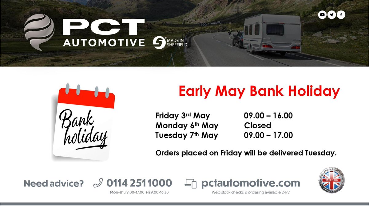 #BankHoliday #OpeningHours #PCTAutomotive #Towbars #SteelCity #MadeinSheffield