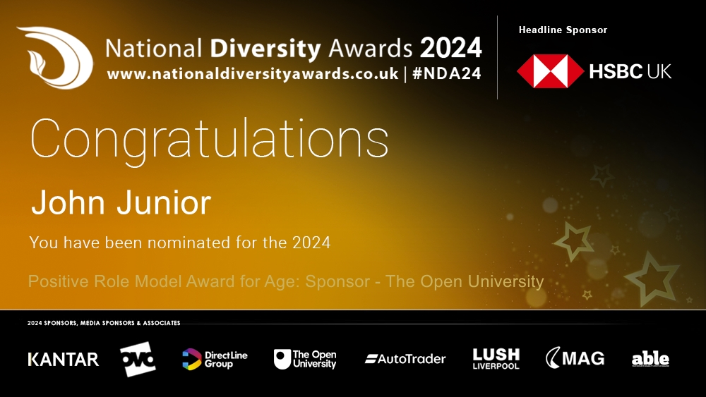 Congratulations to John Junior @johnjunioroff who has been nominated for the Positive Role Model Award for Age. To vote please visit nationaldiversityawards.co.uk/awards-2024/no… #NDA24 #Nominate #VotingNowOpen