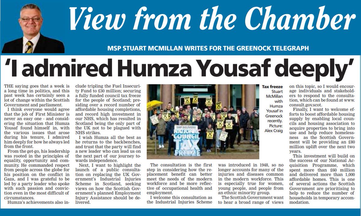 📰 Here's my column from yesterday's @greenocktele covering my thanks to @HumzaYousaf as he stands down as FM; the public consultation on replacing the UK Gov's Industrial Injuries Scheme, & more funding to boost affordable housing supply. @invsnpcouncil @InverclydeSNP