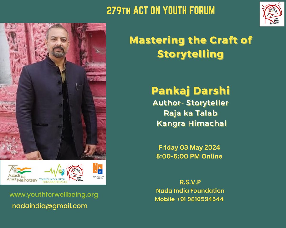 दोस्तों, नाडा इंडिया के एक्ट ऑन यूथ फोरम मंच से इस हफ़्ते राजा तालाब कांगड़ा हिमाचल के निवासी लेखक पंकज दर्शी युवाओं से रुबरु होंगे। कहानी लेखन से जुड़े रचनात्मक विषय के ऊपर विचार साझा करेंगे। जुड़ना ना भूलें 5-6 PM #YouthForum #storytelling #NYIN #youngpeopleforchange
