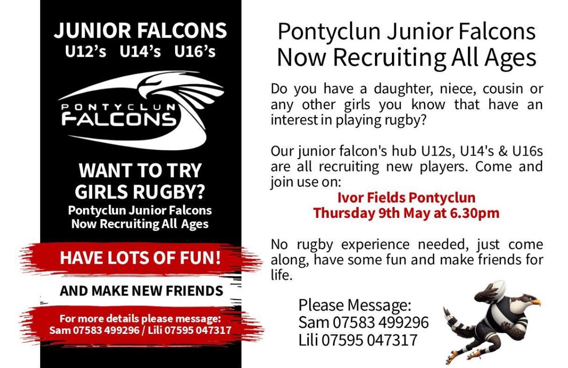 #1 week to go…
Great opportunity within the Junior Falcons girls rugby. Pontyclun RFC open evening for Under 12’s. School age groups 5,6&amp;7. We are also welcoming U14,s years 8&amp;9 and U16’s years 10&amp;11

Follow us on Facebook- Junior Falcons  Hub @ Pontyclun RFC