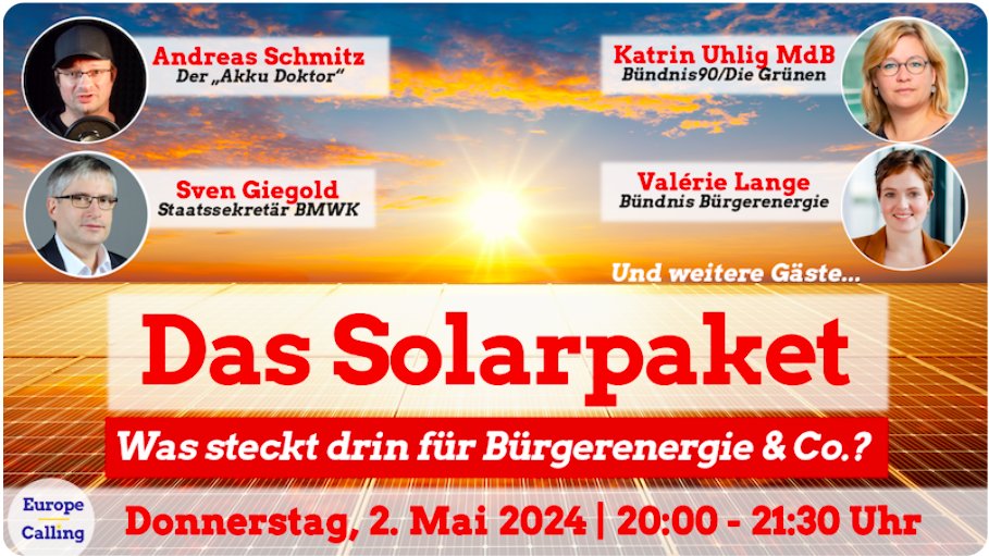 📣 Heute um 20:00 - Webinar von @_europecalling zum Thema: “Das #Solarpaket - Was steckt drin für #Bürgerenergie & Co.?” 🌞 Unsere Expertin Valerie Lange ist auch da! Registrierung eu01web.zoom.us/webinar/regist… #renewableengery @sven_giegold @katrinuhligbn @GrueneBundestag @AkkuDoktor