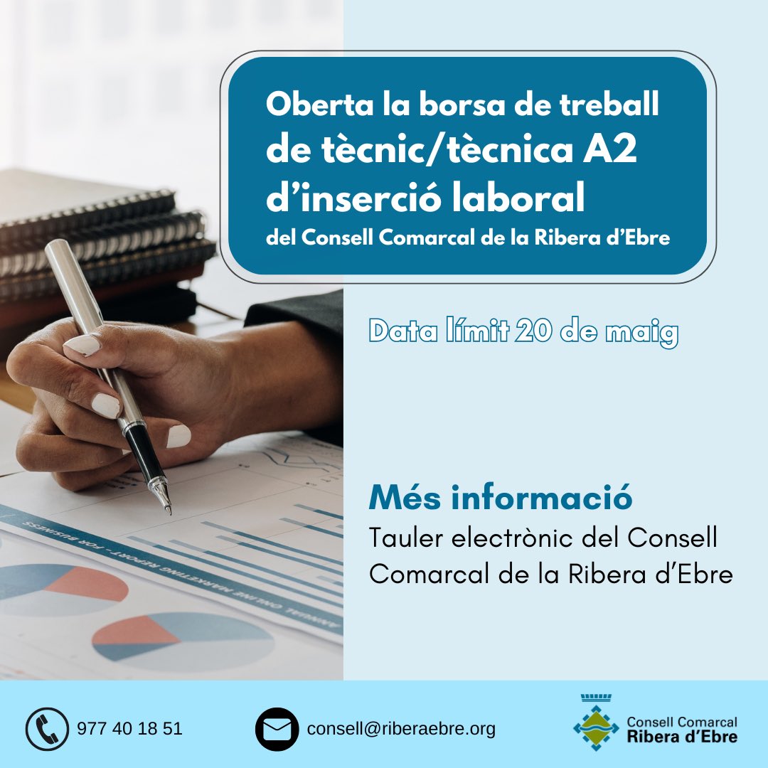 🗣️ Oberta la brosa de treball de tècnica/tècnic A2 d'inserció laboral del Consell Comarcal de la Ribera d'Ebre 📆 Data límit 20 de maig 🔗 Més informació al tauler electrònic: tauler.seu.cat/pagDetall.do?i… @RiberadEbreViva @leadercis