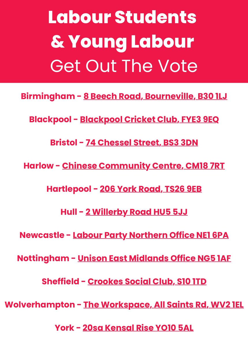 Wishing the best of luck to @JakeBonetta, @DaisyBlakemore and all @YoungLabourUK standing for election today 🌹 It’s so important to get out the vote today! Come along to our campaign centres below 👇 Let’s go out and win Labour councils and mayors across the country