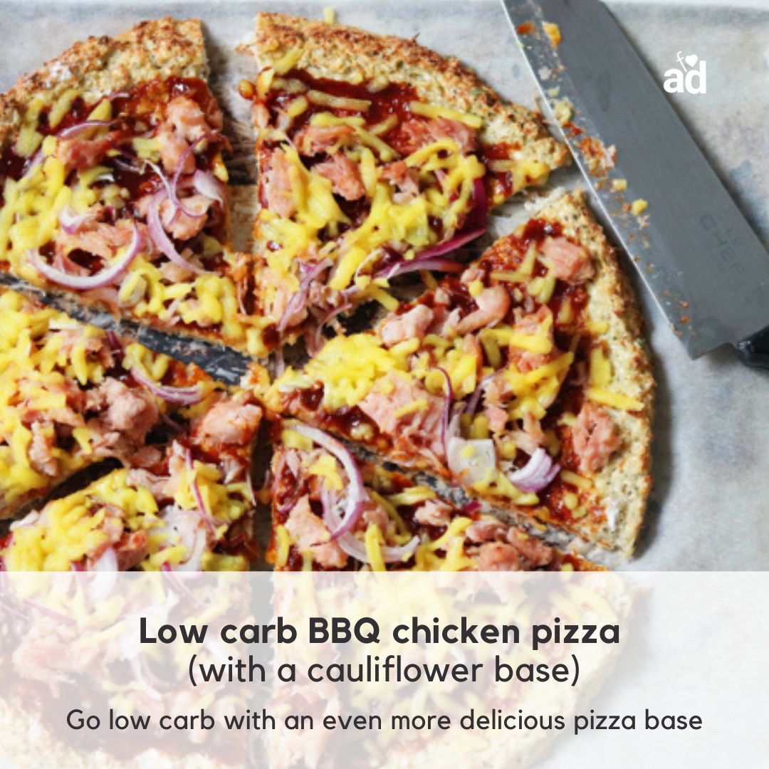 Low-carb BBQ chicken pizza (with a cauliflower base) Low-carb and a delicious alternative to carb-loaded pizza. l8r.it/gCja #barbecue #pizzatime #pizzalover #pasta #grill #pizzalovers #italianfood
