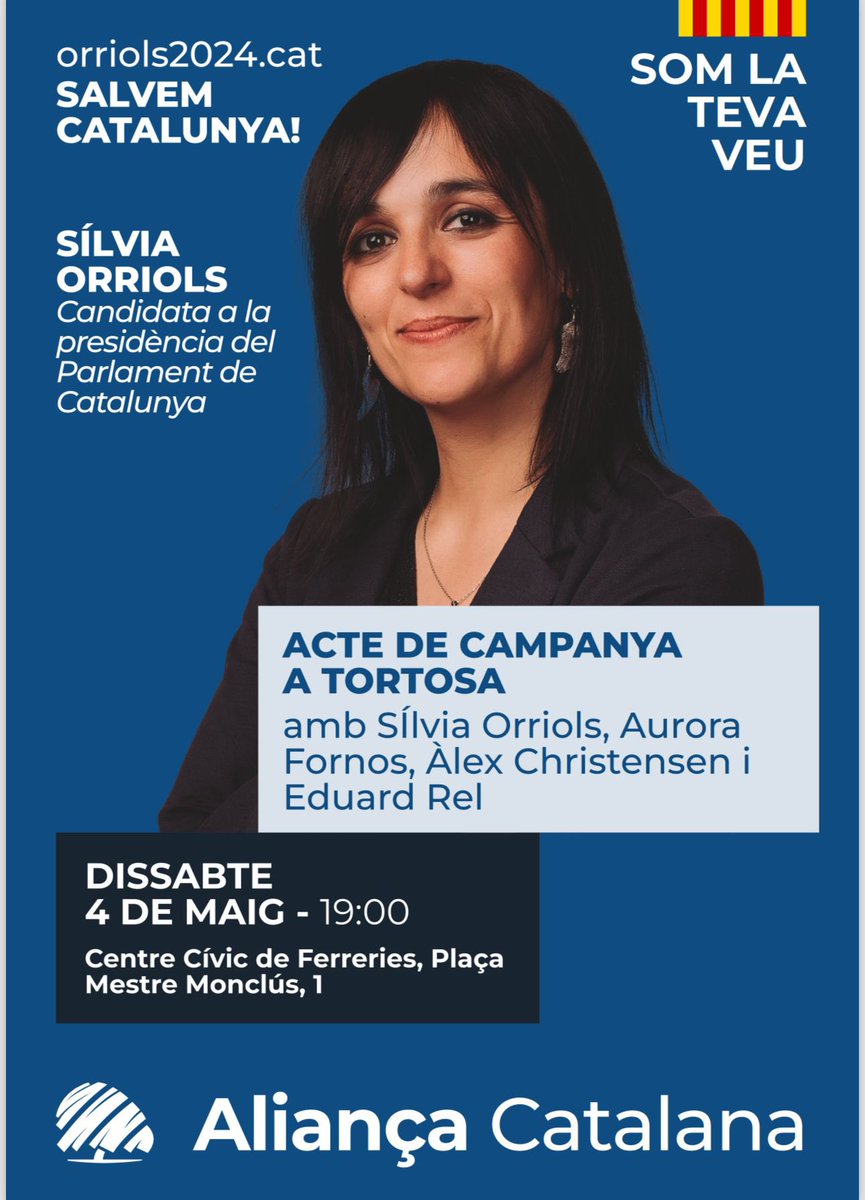 També recordar que tenim molta il•lusió de rebreus aquest dissabte 4 de maig a Tortosa ( Centre Cívic de Ferreries) a les 19:00h. Amb la presència de les nostres candidates al parlament @orriolsderipoll @Aurora_Fornos . 🙌🏽 Us hi esperem!💙🗳️💪🏼