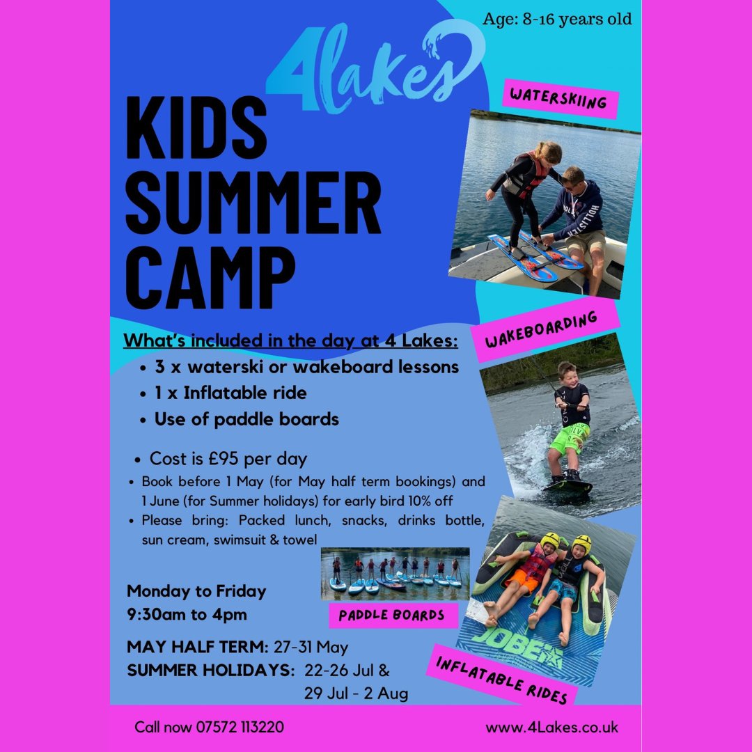 Looking for something fun and active for your child / children to do these coming school holidays? Why not book in at 4 Lakes Waterski School, for the KIDS SUMMER CAMPS. Great opportunity to learn something new or improve on your existing skills. BOOK NOW info@4lakes.co.uk