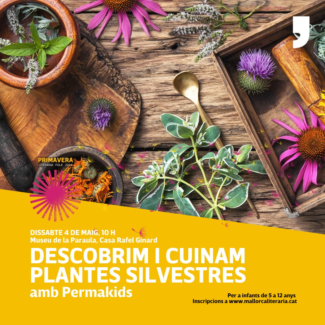 🌱🌷 Veniu a descobrir i a cuinar plantes silvestres dissabte dematí a Sant Joan! ☀️ Una passejada on recol·lectarem plantes i un taller de cuina 👩‍🍳 per a infants de 5 a 12 anys amb Permakids!

Inscripcions aquí ⤵️
mallorcaliteraria.cat/ca/fitxa-activ…