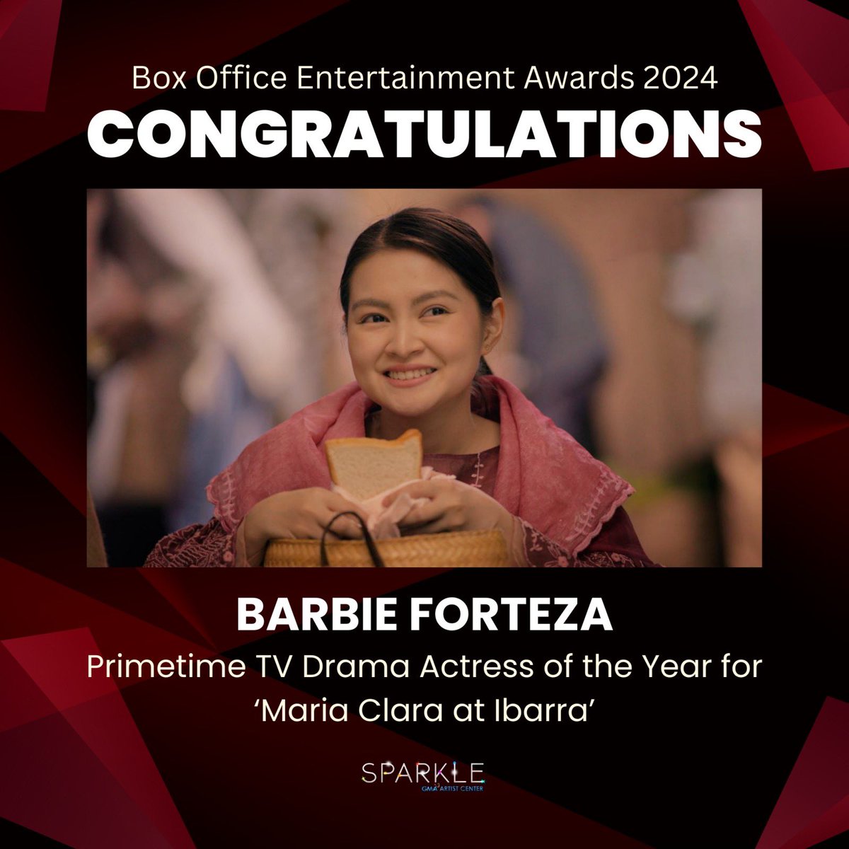 Congratulations to Barbie Forteza for winning the ‘Primetime TV Drama Actress of the Year’ award for the hit TV series ‘Maria Clara at Ibarra’ at the Box Office Entertainment Awards 2024. ✨

#BarbieForteza