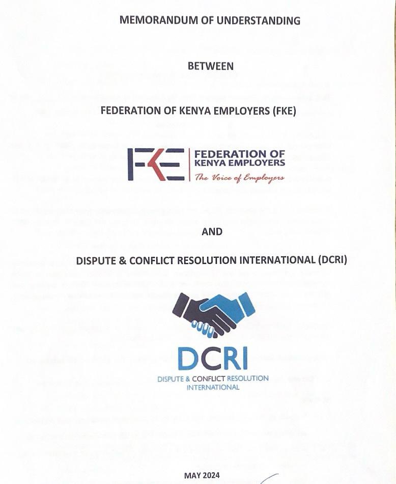 Exciting FKE News Alert! This morning marked a significant milestone as the Federation of Kenya Employers (FKE) and the Dispute and Conflict Resolution Institute (DCRI) signed a Memorandum of Understanding (MOU). #FKE #DCRI #Mediation #Collaboration @Jacquelinemugo2 @DCRIKenya