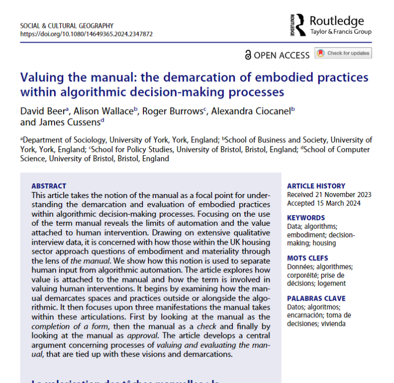New paper out on 'Valuing the manual' in automated systems from CODE ENCOUNTERS project IN Social Geography journal @NuffieldFound @BristolUni @UoY_SBS @UoYSociology Dave Beer @alexandra_cio @RJBurrows2 @JamesCussens tandfonline.com/doi/full/10.10…