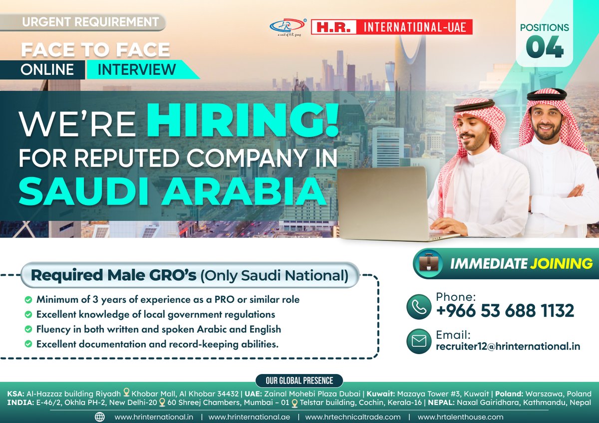 We are hiring 📣 for reputed company in Saudi Arabia's 🏗️! Experience the ease of face-to-face online interviews and urgent requirement cendidates. Contact Us: 📞+966536881132, 📧recruitment12@hrinternational.in @hrinewdelhi @indeed @Naukri