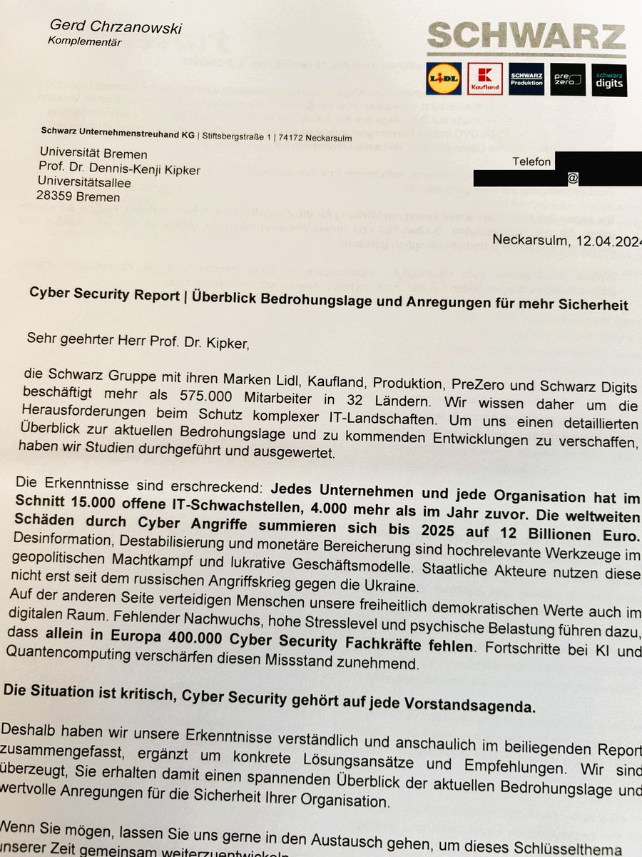 #Cybersecurity gehört auf jede #Vorstandsagenda! Der Cyber Security Report 24 der #Schwarz-Gruppe bewertet die Bedrohungslage aus einer multidimensionalen Perspektive: #KI, #Quantencomputing, #Führungskräfte, #Ausbildung und #Fachkräftemangel, #Prävention: cyberconference.schwarz/report/