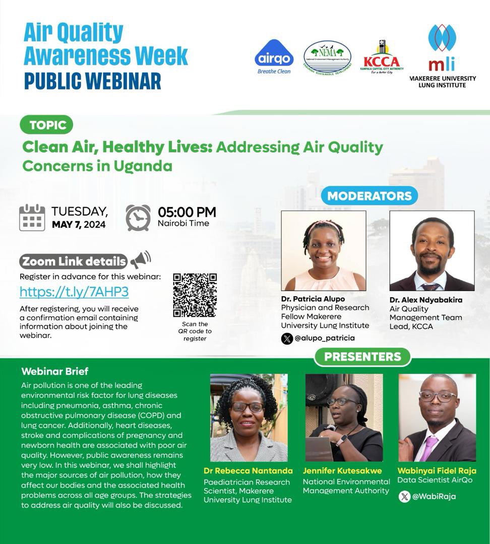As we gear up for the #AirQuality Awareness Week a head, we present to you this public webinar slated for Tuesday 7 May,2024 (5pm). Topic for discussion is “Clean Air, Healthy Lives; Addressing Air Quality concerns in Uganda. To attend this webinar kindly register here…