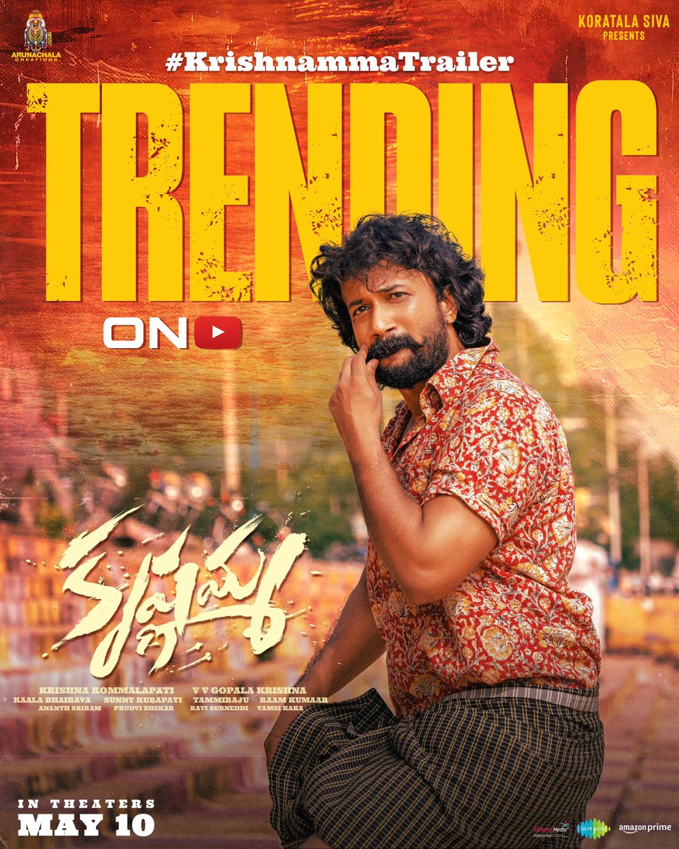 The riveting #KrishnammaTrailer 𝐓𝐑𝐄𝐍𝐃𝐈𝐍𝐆 𝐓𝐎𝐏 on YouTube 🔥 ▶️ youtu.be/9H9k027kzGQ #Krishnamma GRAND RELEASE ON 𝐌𝐀𝐘 𝟏𝟎𝐭𝐡 by @MythriOfficial & @primeshowtweets💥 ⭐️ing @ActorSatyaDev #VVGopalakrishna #KoratalaSiva @ArunachalaCOffl @saregamasouth