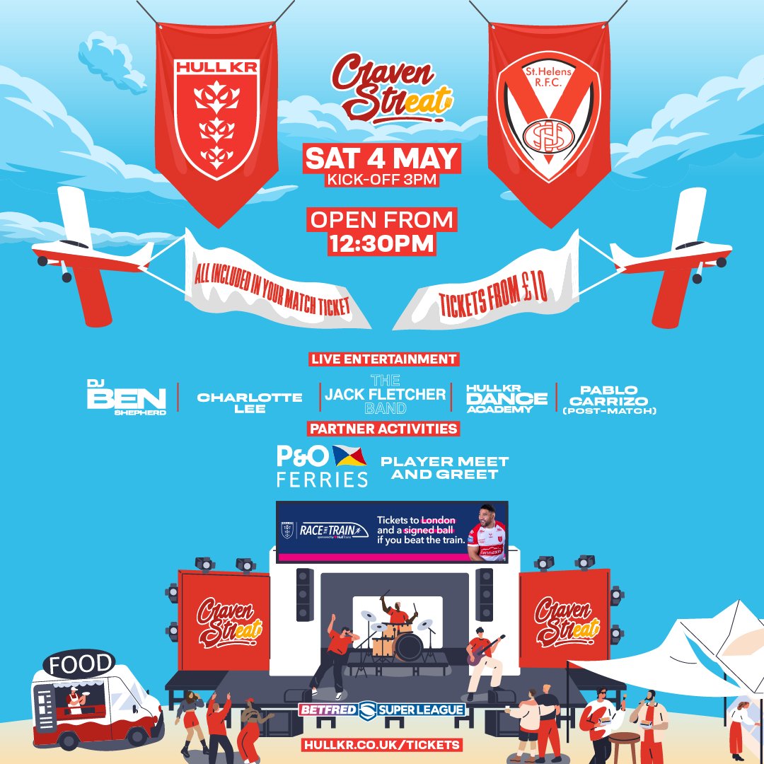 See you in Craven Streat from 12:30pm tomorrow! 😍 We'll also have some live music after the game, so make sure you stick around! 🙌 Full gameday information can be found here 👉 hullkr.co.uk/gameday-guide #UpTheRobins🔴⚪️