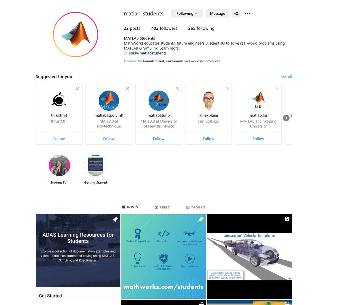 Follow @MATLAB's new Instagram channel for your daily dose of inspiration, tips and tricks, and resources tailored specifically for students who use or want to use MATLAB Coding and Simulink . Join the growing community: instagram.com/matlab_student…