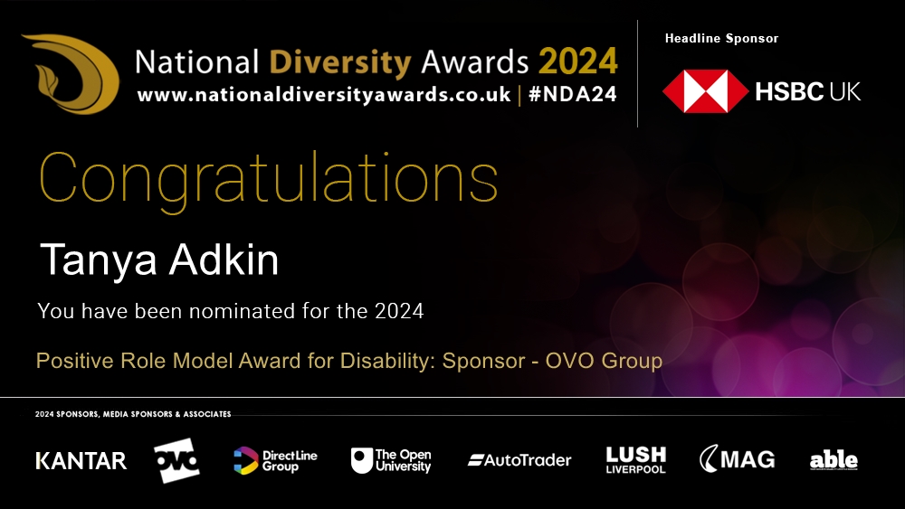 Congratulations to Tanya Adkin @TanyaAdkin who has been nominated for the Positive Role Model Award for Disability. To vote please visit nationaldiversityawards.co.uk/awards-2024/no… #NDA24 #Nominate #VotingNowOpen