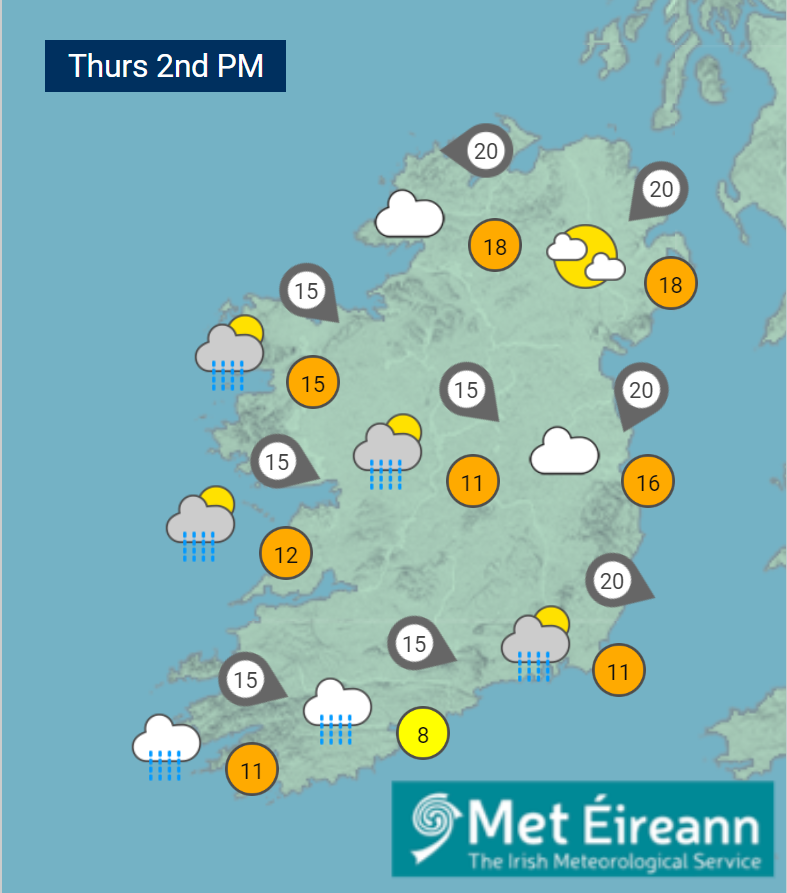 Wet across parts of Munster, Connacht & S Leinster today🌧️. Rain will be heavy at times☔️ & may cause spot flooding🌊. Drier in other areas at first, but scattered showers will develop this aft & eve🌦️, brightest in Ulster🌤️. Highs🌡️ ranging 8°C in the S to 18°C in the N.