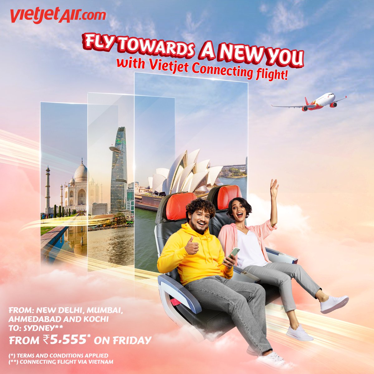 Transform your journey with Vietjet! ✈ Seamless layovers in Vietnam enhance your travel to the final destination 💖Book at ₹5,555* on Fri from New Delhi, Mumbai, Ahmedabad, Kochi to Sydney** 👉bit.ly/TW_YourRealDea… (*) T&C apply (**) Connecting flight via Vietnam #Vietjet