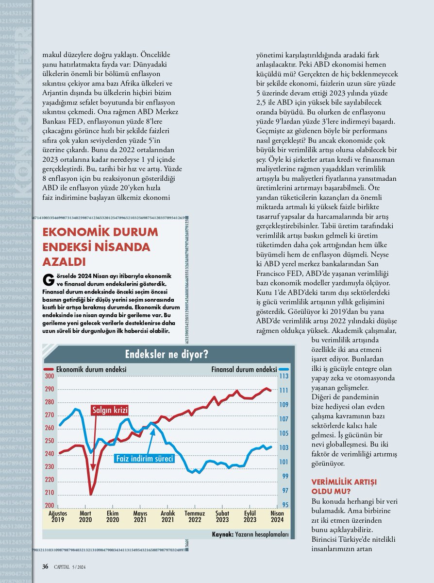 Cem_Cakmakli's tweet photo. Mayıs @CapitalDergisi yazım (25 Nisan'da yazıldı).

1⃣Nisan'da ekonomide yavaşlama: Gelişmelere, aylık hesapladığımız ekonomik durum endeksi (Nisan ayında -%0,4 küçüldü) gözünden ışık tutmaya çalıştım.

2⃣Enflasyon mu büyüme mi?: ABD ve Türkiye'yi karşılaştırarak irdeledim. https://t.co/OzVegzdaIo