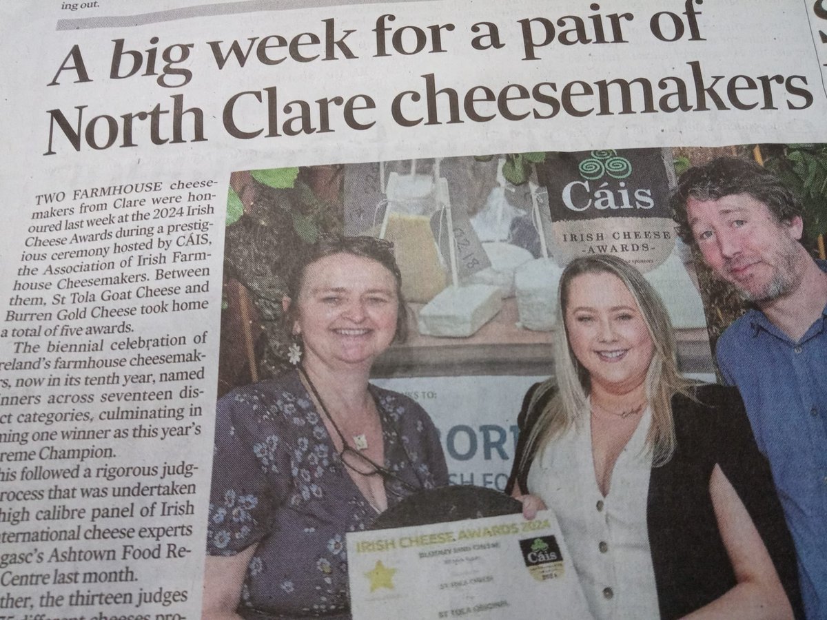 Míle buíochas to @ClareChampion for coverage of big wins for Burren Gold cheese @MulqueeneyNuala & ourselves at recent @caisireland Irish Cheese Awards kindly sponsored by @Sysco .