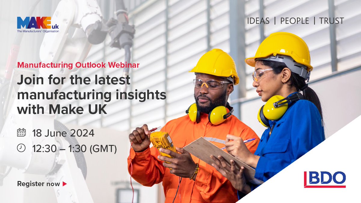 Registration is open for our next Manufacturing Outlook webinar with @MakeUK_. We will be joined by Senior Economist James Brougham who will be providing an update on the state of #UKmanufacturing. Register here: bdo-uk.zoom.us/webinar/regist…
#ukmfg #manufacturingoutlook